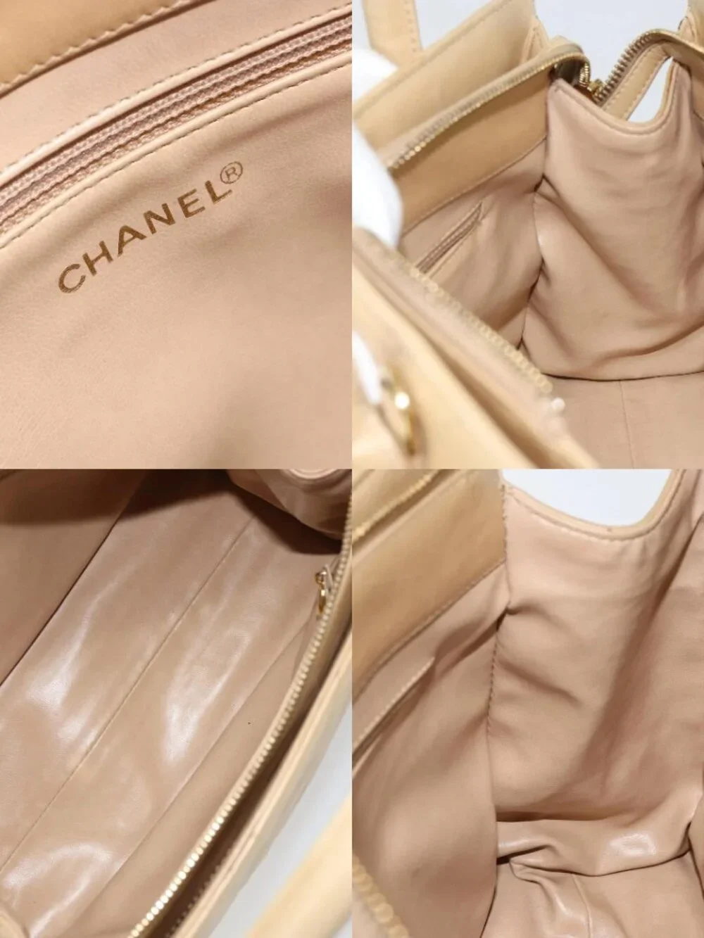 CHANEL V Stitch Hand Bag Leather Beige Gold CC Auth BA9348